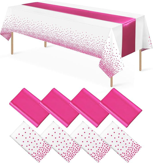 MASHAN 8Pack Disposable Plastic Party Tablecloths & Satin Table Runner Set - White Hot Pink Dot - Wedding, Birthday, Baby Shower - 54 x 108 Inch