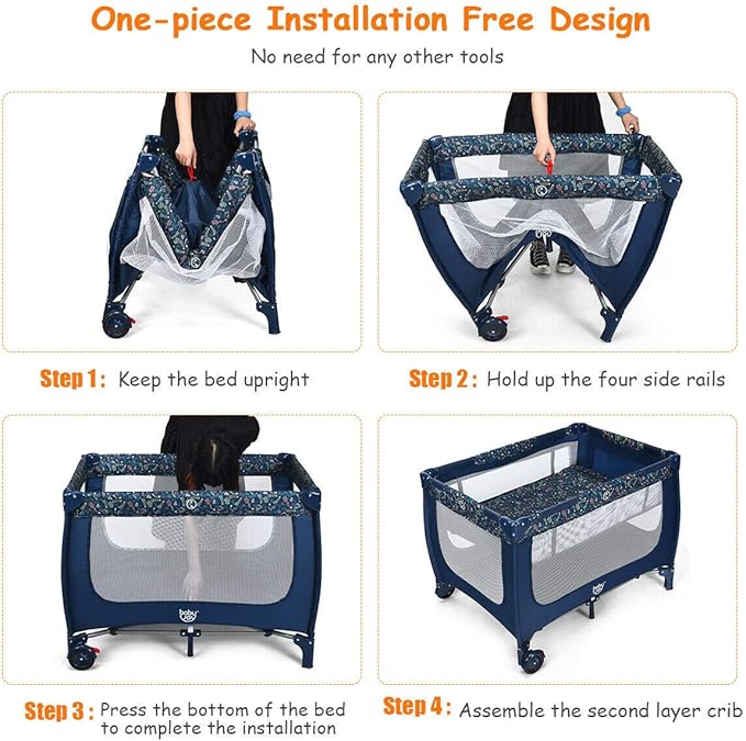 HONEY JOY Pack and Play, Foldable Baby Playard with Bassinet, Lightweight Installation-Free Travel Baby Crib from Newborn to Toddlers, Portable Nursery Center w/Lockable Wheels & Carry Bag(Blue)