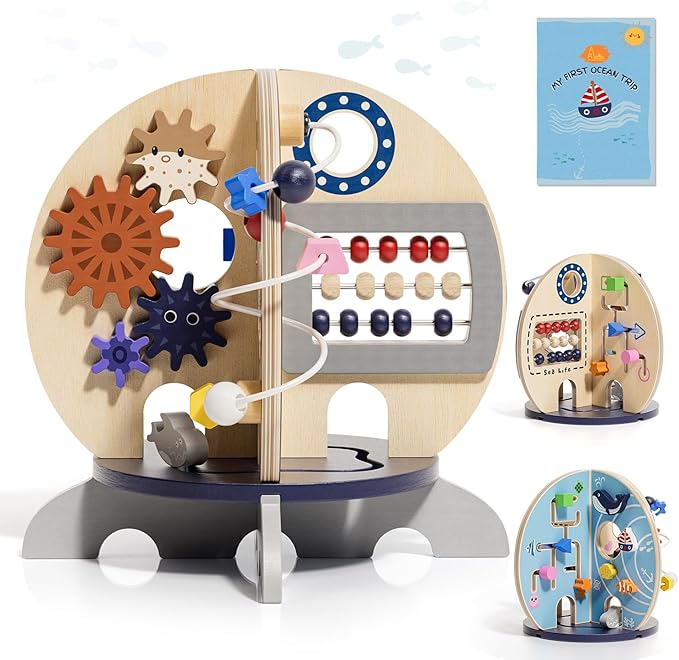 Timber Lulu 1 Year Old Boy Gifts, Ocean Wooden Activity Cube for Baby, Montessori Busy Board Toys for 1 Year Old Boy, Sensory Educational Toys for Toddlers, 1st Birthday Gifts Boy & Girl