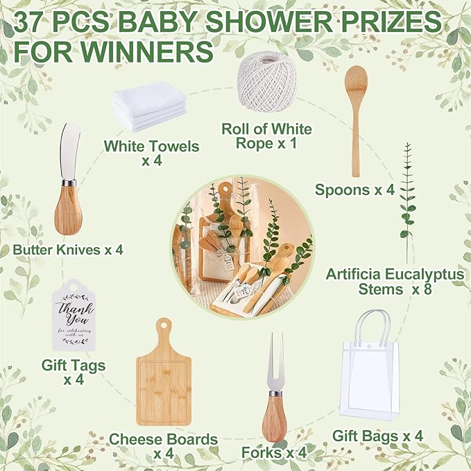 Baby Shower Prizes for Game Winners Bamboo Cheese Board Spoon Fork Butter Spreaders Plaid Towel Thank You Card and Gift Bags for Baby Shower Wedding Bridal Shower Favors (Bamboo, 4 Sets)