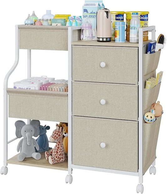 Baby Diaper Caddy, 3 Tier Baby Organizer and Storage Cart with Dividers and Drawers, Mobile Utility Rolling Cart, Newborn Baby Essentials Storage Cart with Wheels for Nursery, Bedroom, Beige