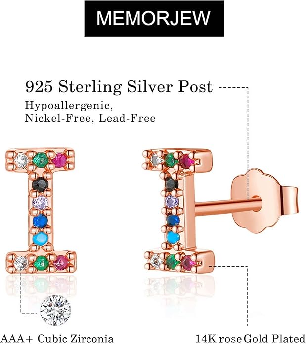 Memorjew Initial Stud Earrings for Women, Hypoallergenic 925 Sterling Silver Post Rainbow Cubic Zirconia Gold Plated 26 Initial Earrings for Women Jewelry Gifts