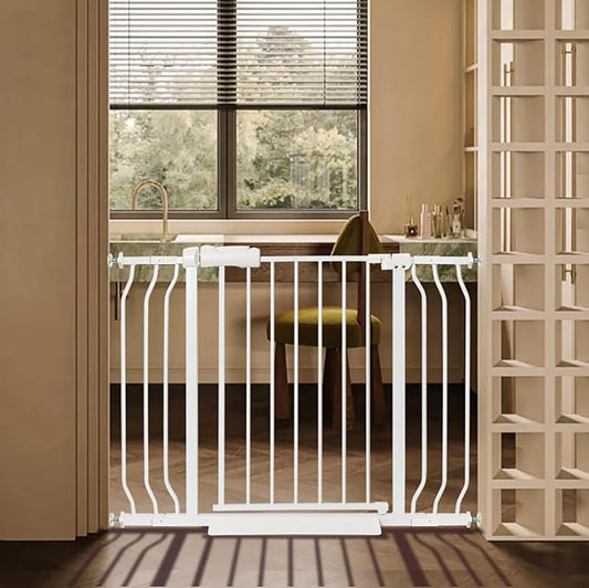 Baby Gate for Stairs No Drill 38.58-43.31 Inch, Pressure Mounted Metal Child Safety Dog Gates for Doorways, Walk Through Pet Indoor Auto Close, White