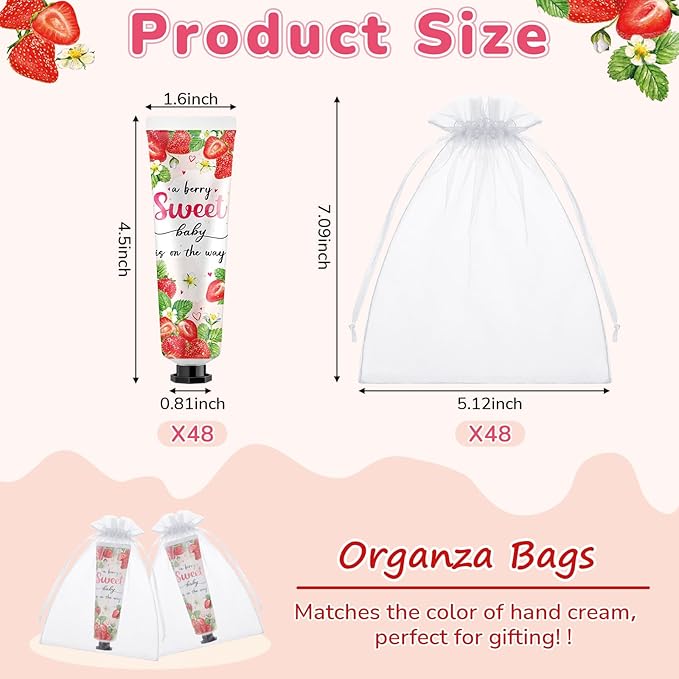 48 Sets Baby Shower Hand Cream Bulk Sweet Strawberry Baby Shower Favors Bridal Thank You Hand Cream for Guests Travel Size Lotion with Organza Bags