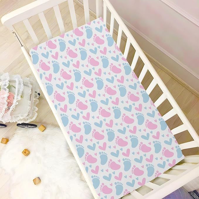Baby Crib Sheets Pink and Blue Footprint Crib Sheets for Boys Girls,Neutral Bassinet Toddler Bed Play Sheets Breathable Soft and Portable 52 * 28 * 9in