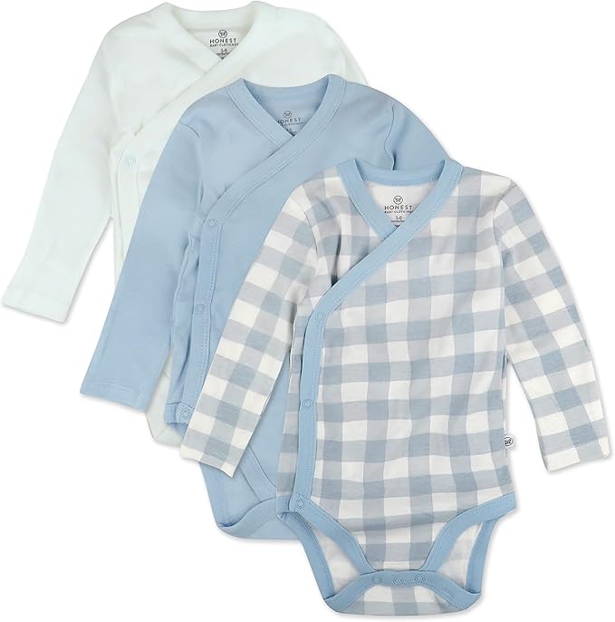 HonestBaby unisex-baby 3-pack Long Sleeve Side-snap Kimono Bodysuits Organic Cotton for Infant Baby Boys, Girls, Unisex