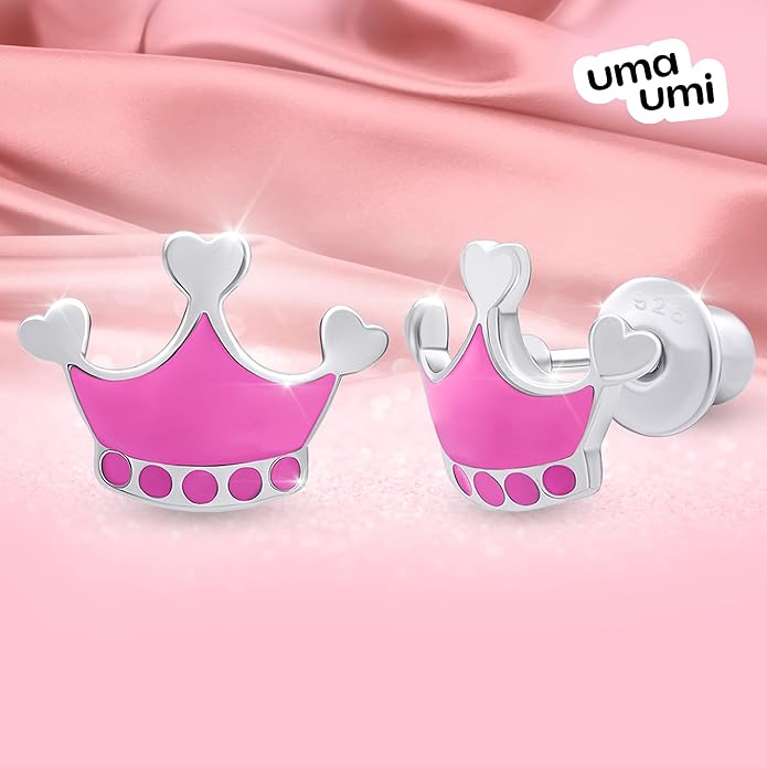 925 Sterling Silver Crown Pink Stud Earrings for Girls Hypoallergenic Safety Screw Back Rhodium Plated - Crown Pink Gifts Earrings for Baby Toddlers Little Teens Kids Jewelry