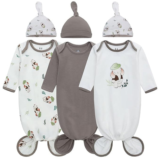 Miracle Baby Newborn Knotted Gown with Hat Set, 3 Pack Newborn Nightgowns, Baby Sleeper Gowns with Mitten Cuffs for Boys Girls 6-12 Months