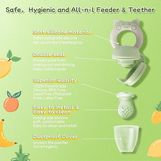 Baby Solids/Frozen Fruit Feeder Pacifier, Infant Teether Toy 4M+, BPA-Free Silicone Pouch & Nipple, Safely Introduce Solids, Teething Relief, 2-Pack - Gray (Piglet)
