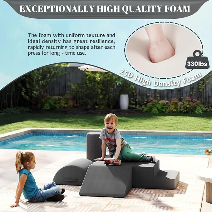 jela Kids Foam Climbing Blocks 6Pcs Soft Play Equipment Waterproof Fabric, UV Resistant Toddler Climbing Toys Indoor& Outdoor Soft Play Climbing Set, Lightweight Climbing Blocks for Kids (Darkgrey)