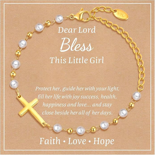 Baby Baptism Cross Bracelet Gift : 18k Gold Plated/Silver Delicate Pearl Cross Bracelets Kids Daughter Granddaughter Birthday First Communion Confirmation Gifts Christian Jewelry for Boys Girls