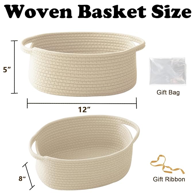 Gift Basket with Gift Bag and Ribbons,Small Rope Woven Shelf Storage,Baskets for Gifts Empty,Birthday,Shower,Decorative Organizer Box for Cat Dog Pet with Handles(Cream)