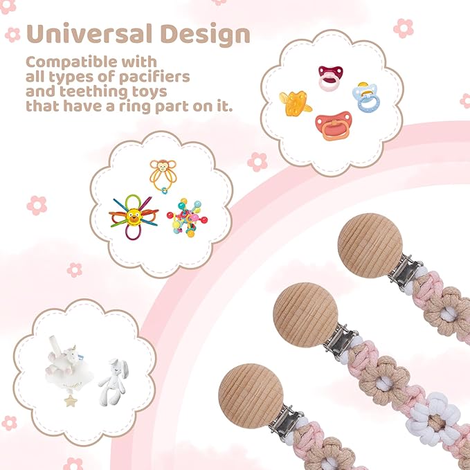 Pacifier Clip for Boys Girls Floral Daisy Macrame Baby Paci Clip Pacifier Holder Leash Boho Wooden Clips Handmade Braided Cotton Binky Clips (1pack:Khaki Style B)