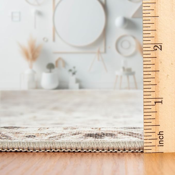 ReaLife Rugs Machine Washable Area Rug - Living Room Bedroom Bathroom Kitchen Entryway Office - Padded Low Pile Stain Resistant Premium - Boho Farmhouse Vintage - Joy - Beige Ivory 4' Round