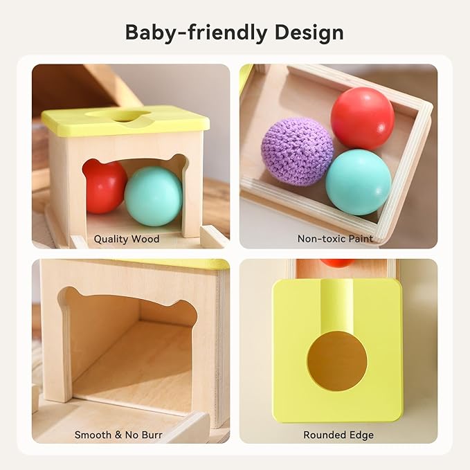 IEATFO Object Permanence Box with Tray Three Colored Balls (2 Wood+1 Knit) - Montessori Wooden Ball Drop Toy with Slide and Bear Shape - Fine Motor Skills Development Toy Age 1-3