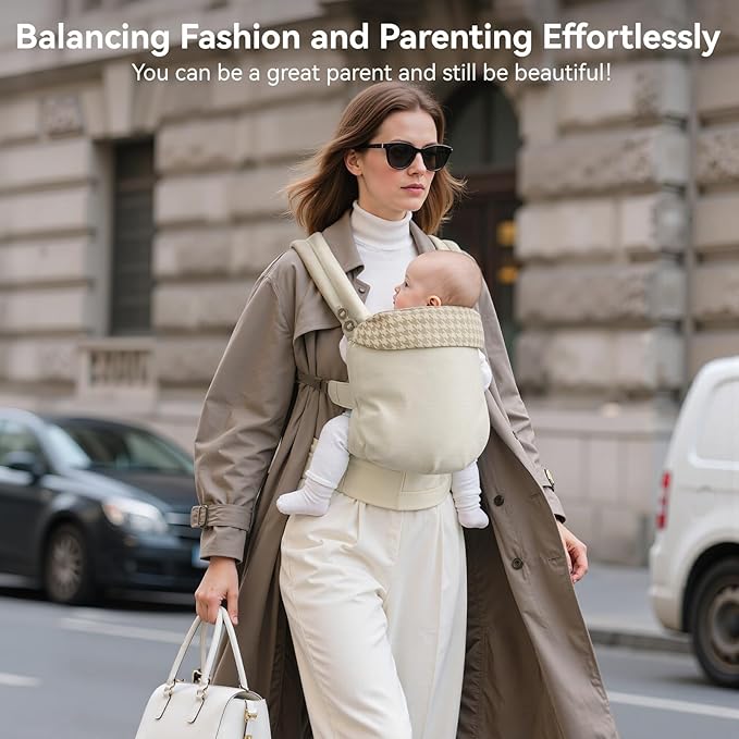 Reversible Baby Carrier, Khaki Solid & Houndstooth; Lightweight, Cooling & Breathable Lyocell Fabric; Ergonomic Lumbar Support and Quick Hands-Free Wear for Newborn to Toddler (7–44 lbs)