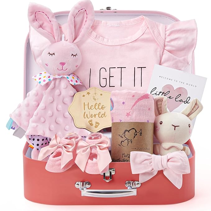 Golray Baby Shower Gifts for Girls, Baby Girl Gifts Baskets with Rattle, Blanket/Onesies Set, New Born Essential Stuff, Gender Reveal Ideas Infant New Born Baby Girls Gift Basket
