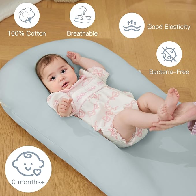 Lucakuins Baby Lounger, Bionic Design Baby Lounger for Newborn 0-24 Months, Soft Organic Cotton Breathable Lounger for Infants (Grayish Blue Baby Lounger)