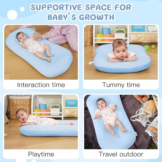 Lucakuins Baby Lounger, Bionic Design Baby Lounger for Newborn 0-24 Months, Soft Organic Cotton Breathable Lounger for Infants (Blue Newborn Lounger)