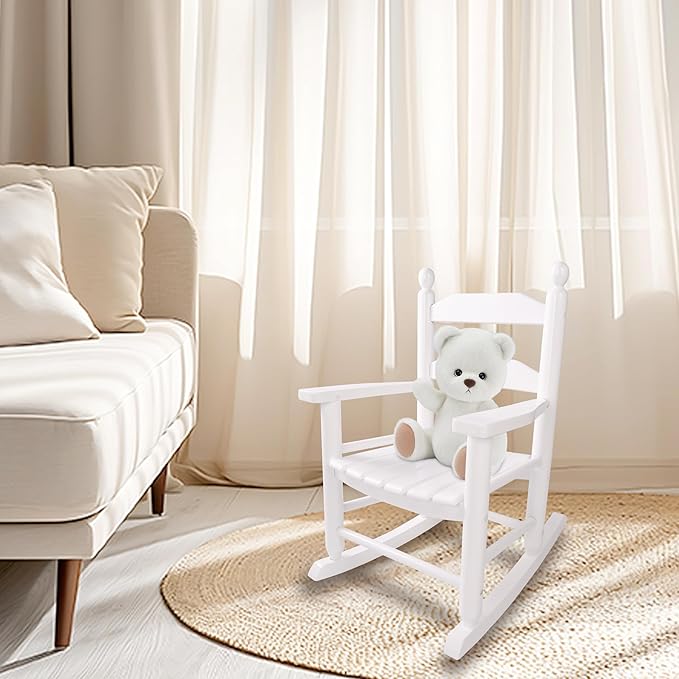 Toddler Rocking Chair Wooden Comfy Recliner Rocker for Kids Ages 3-6 Baby Lounge Chair Indoor Outdoor Girls Children’s Playroom White