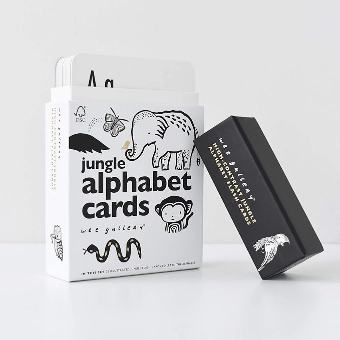 Wee Gallery Educational Flashcards for Babies, Double Sided Black and White Learning Flash cards, Jungle Animal Alphabet Cards for Visual Stimulation and Cognitive Development of Infants and Toddlers