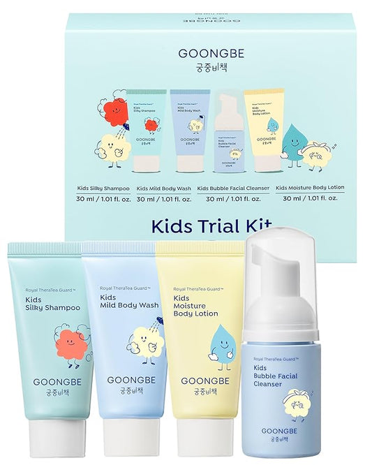 Kids Trial Travel Kit - Korean Low pH Skincare Set with Silky Shampoo, Body Wash, Facial Cleanser & Body Lotion - Silicone-Free Formula for Sensitive Skin, 1.01 fl.oz. each
