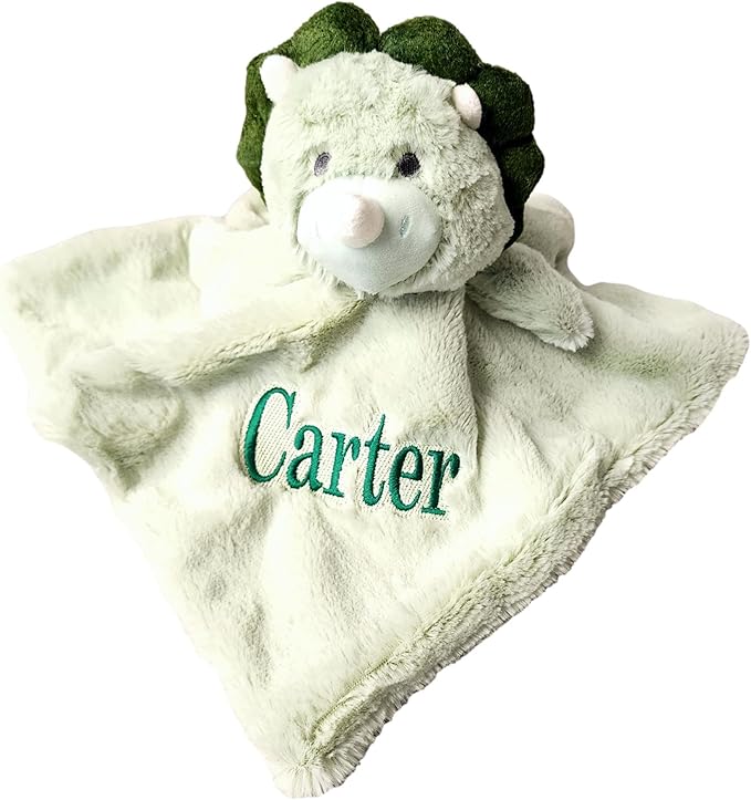 SONA G DESIGNS Custom Personalized Dinosaur Lovey Lovie Security Blanket with Rattle (Green Dino with Embroidered Name)