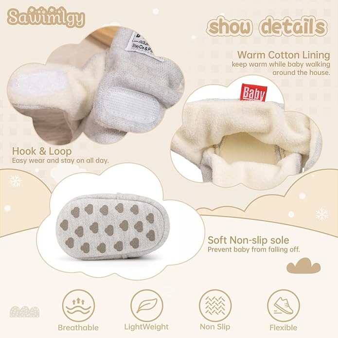 Sawimlgy Newborn Infant Baby Girl Boy Cotton Booties Stay On Sock Slippers Soft Bedroom Shoes Non-Skid Ankle Boots With Grippers Toddler Crib Warm Shoe First Walker Birthday Shower