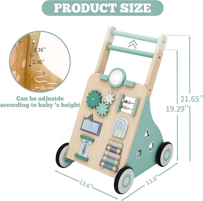 Wooden Baby Walker, Wood Push Walker Adjustable Height and Speed Multiple Learning Activity Walker Baby Walker with Wheels for Girls 6-12 Months, Green