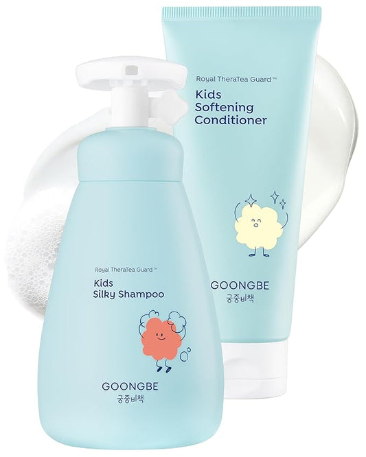 Korean Kids Silicone-Free Silky Shampoo & Conditioner for Weak Frizzy Hair - Glossy Shine & Tangle Prevention - Low pH - Allergen-Free, 10.1oz & 6.76oz