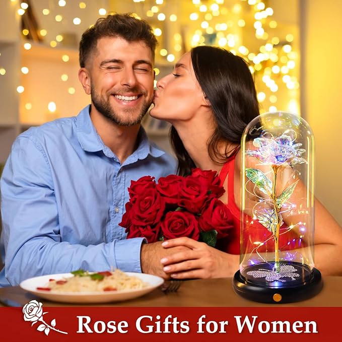 DEEMEI Birthday Gift for Women Gold Rose Eternal Flower USB Light Up Rose in Glass Dome Anniversary Flowers for Delivery Prime Mothers Day Presents Flowers Gifts for Her Grandma Girlfriend Wife