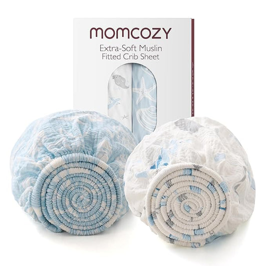 Momcozy Muslin Fitted Mini Crib Sheets, 38''x26'', 2 Pack Soft Breathable Natural Cotton Baby Mattress Sheet, 360° Mattress Wrapping No Slip Boys Girls Neutral Toddler Bed Sheet, Ocean Sound