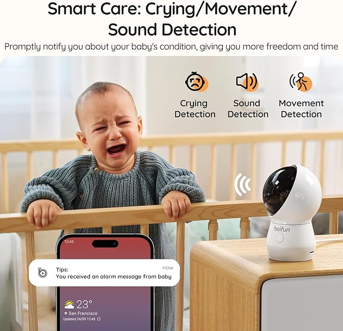 BOIFUN 5.5" AI 4MP Baby Monitor Pro Max: App (Wi-Fi) and Monitor (No Wi-Fi) Control, Upgrade AI Detection (Tummy Sleeping & Face Area), Colorful Night Light, 360° Camera, Motion & Sound Detection