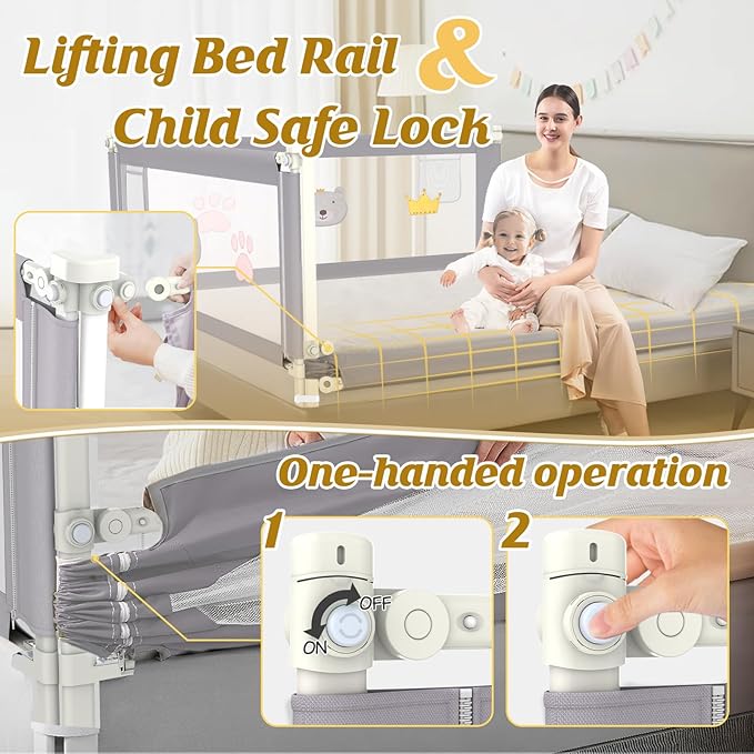 Height Adjustable Bed Rail for Toddlers, Kids Safety Baby Bed Rail for Twin/Full/King/Queen Size Bed (3 Sides, 74 * 74 * 54 Inch)
