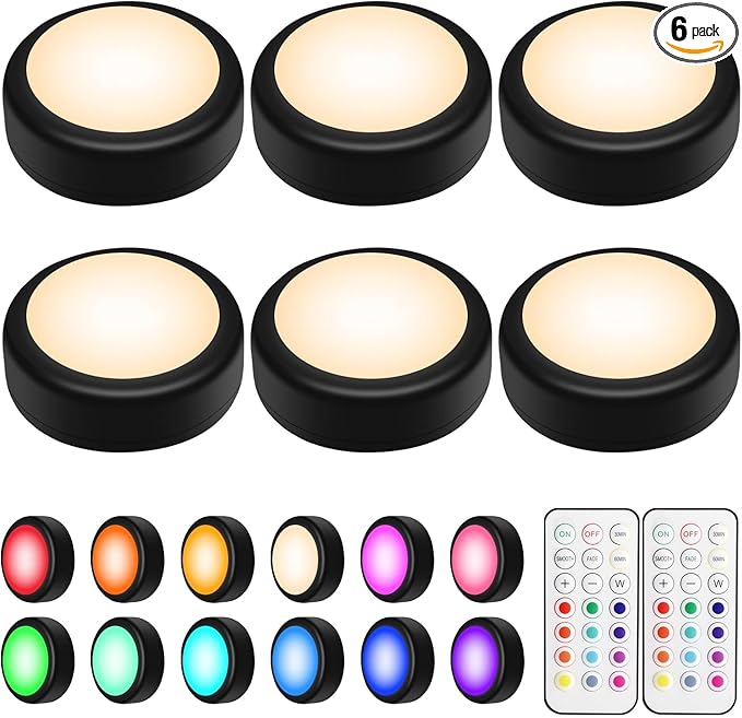 BLS LED Puck Lights with Remote Control, 13 Color Changing Under Cabinet Lighting Wireless, Push Battery Operated Night Light, Tap Battery Powered Stick on for Closet,Kitchen,Stairs,Step, Black 6 Pack