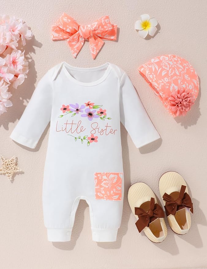 Baby Girl Clothes Patter&Letter Baby Girl Romper with Bow Hat&Headband and Gloves 4Pcs Baby Girl Coming Home Outfit