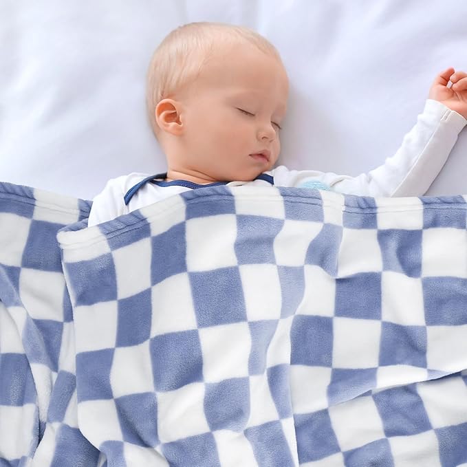 Plush Checkered Baby Blanket for Boys Girls Nursery, 30"*41" Warm Short Fleece Blanket Neutral for Infant Newborn, Small Fuzzy for Sleeping, Chenille or Stroller (Dark Blue&White)