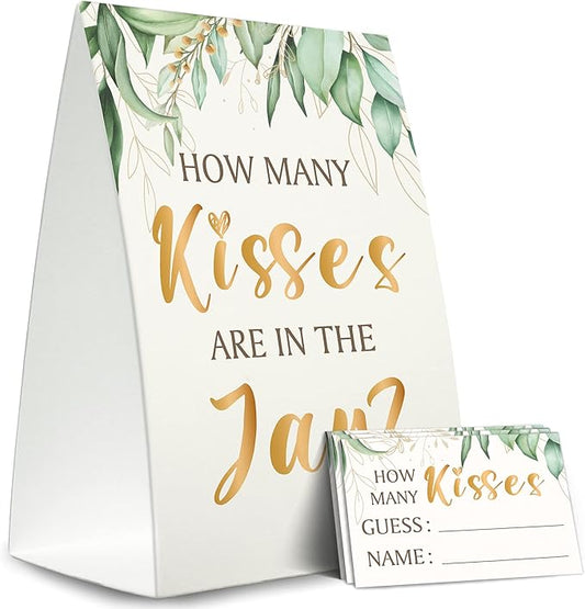 Guess How Many Kisses Are in the Jar Game (1 Standing Sign + 50 Guessing Cards),Greenery Golden,Bridal Shower Sign,Baby Shower Sign - XH18