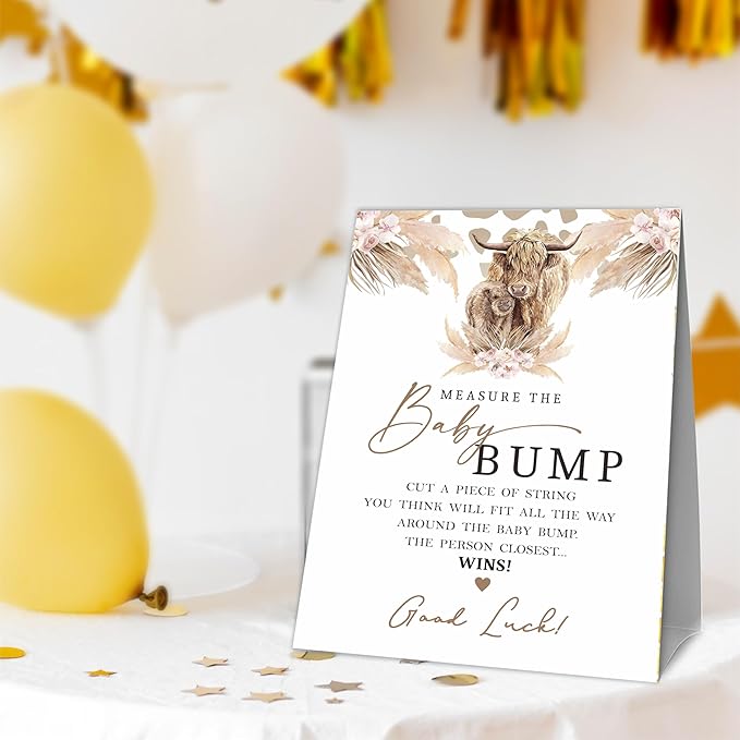 Baby Shower Measure The Baby Bump Game Kit - Boho Holy Cow - 1 Self-Standing Sign & 50 Tickets - How Big Is Mommy's Belly Sign - Gender Reveal Games, Baby Announcement Party Favor & Decorations - A10