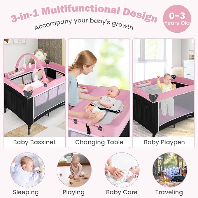 BABY JOY 3 in 1 Pink Pack and Play, Travel Baby Crib Bassinet Bed with Bassinet for Girl, Changing Table w/Safety Belt, Toy Bar, Lockable Wheels, Portable Baby Playard from Newborn to Toddler