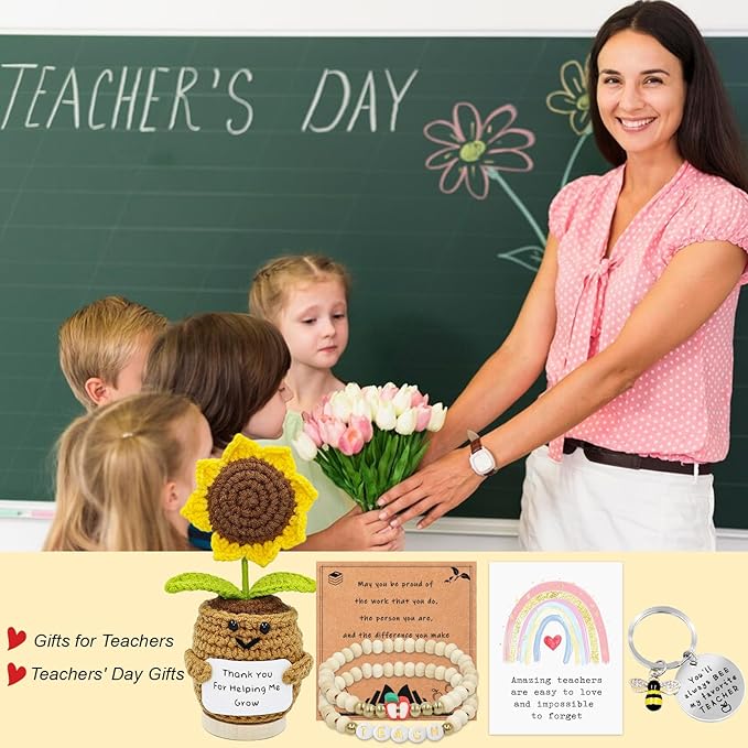 Lamyba Teacher Appreciation Gifts for Women,Handmade Positive Sunflower Crochet Doll, Inspirational Card, Keychains, Bracelet & Gift Box, Christmas/Valentines Day/Thank You Gifts for Teacher