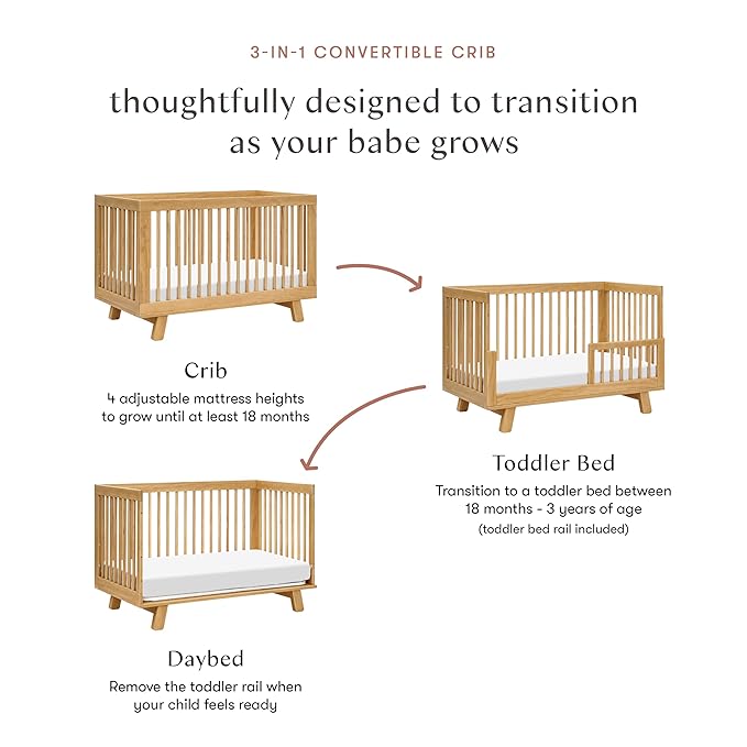 babyletto Hudson 3-in-1 Convertible Baby Crib with Wooden Toddler Bed & Daybed Conversion - Easy to Assemble & GREENGUARD Gold Certified - 4 Adjustable Mattress Heights - Honey