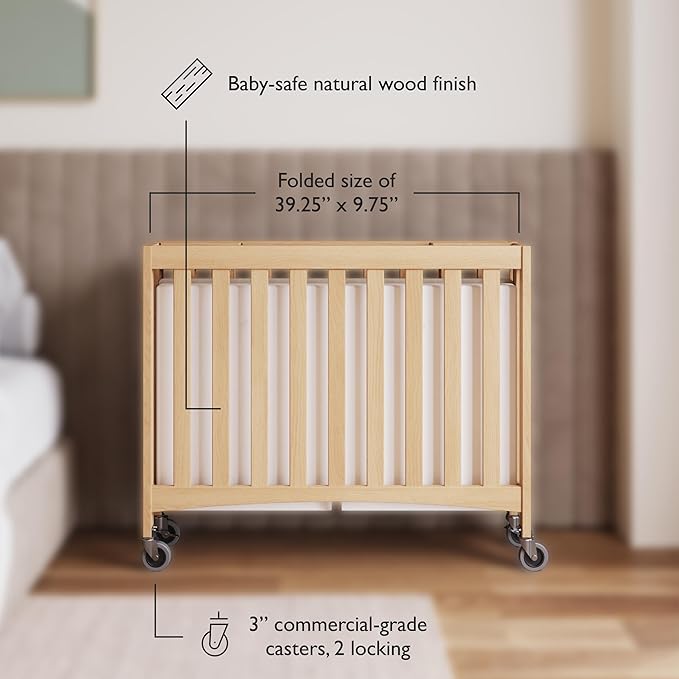 Foundations Travel Sleeper Wood Compact Folding Crib with 2” InfaPure Foam Crib Mattress and Commercial Grade Casters for Hotels (Natural)