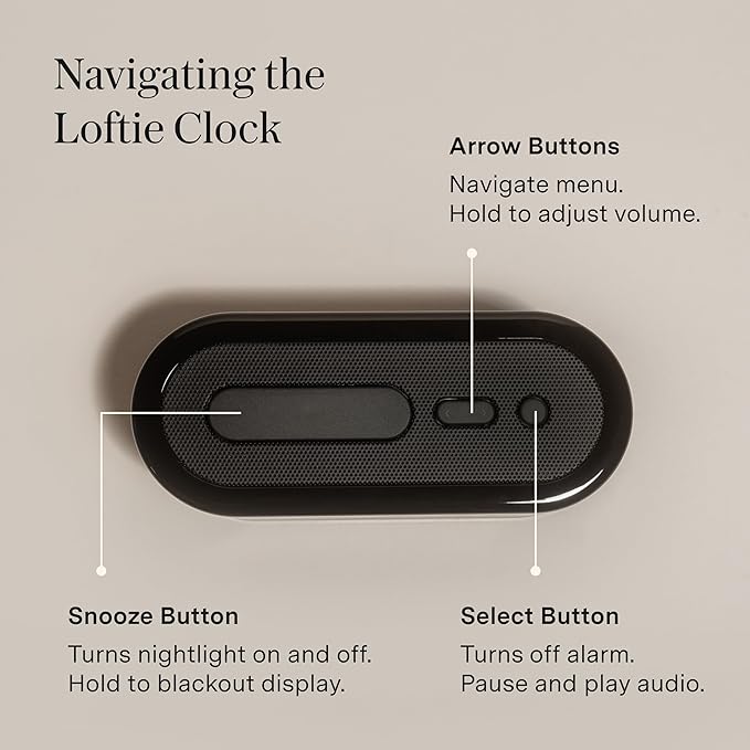 Loftie Alarm Clock with Sound Machine – Smart Alarm Clock with Light, White Noise, Bluetooth Speaker, Night Light Sound Machine, 100+ Sounds, Blackout Mode, No WiFi Mode, Optional Subscription - Black