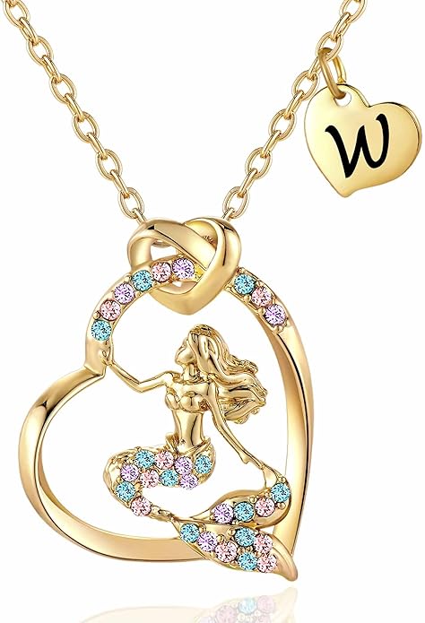 K-Acc 14K Gold-Plated Mermaid Initial Heart Necklace - Gifts for Girls