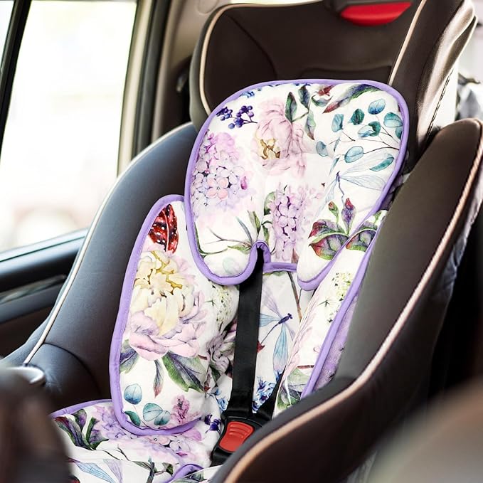 Infant Car Seat Insert for Newborn Girls Boys, HNHUAMING 2 In 1 Reversible Baby Car Seat Head & Body Support, Extra Soft Baby Car Seat Cushion Insert for Strollers, Swings, and Bouncers, Purple Floral