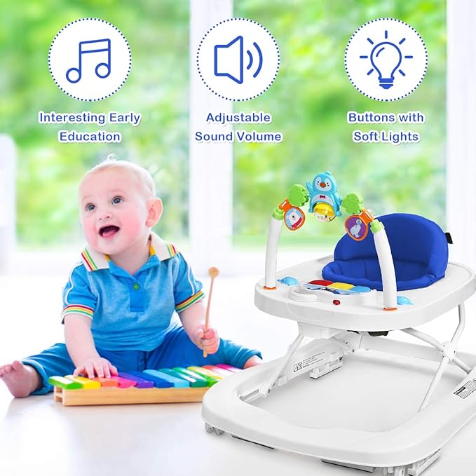 HONEY JOY Baby Walker, Foldable Push Walker Toy-Seated & Walk-Behind with Wheels, Interactive Piano & Pedants, Adjustable Height & & Speed, Padded Seat, Baby Walkers for Boys Girls(Blue)