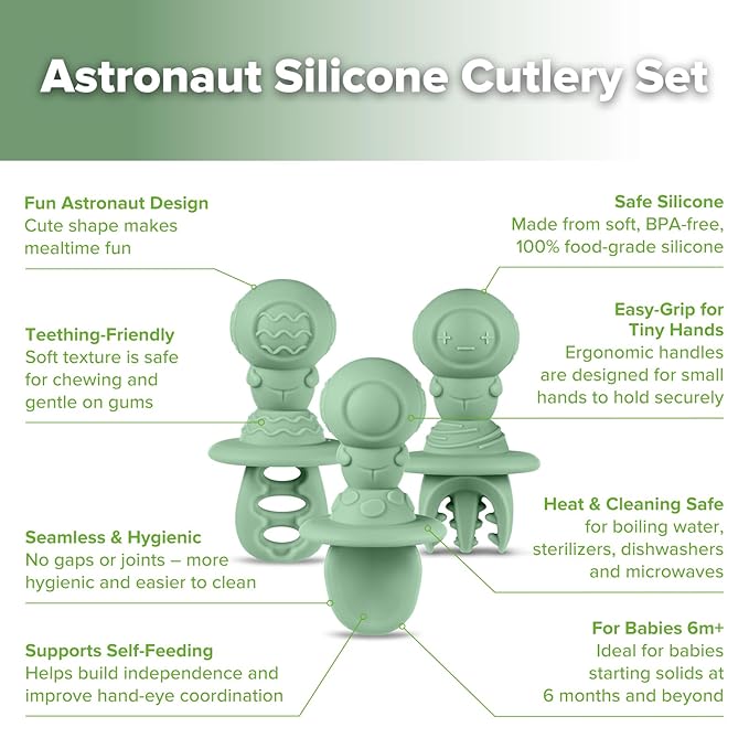 Haakaa Astronaut Beginner Silicone Cutlery Set – Baby Spoons and Forks for Self Feeding 6 Months, Baby Led Weaning Supplies, Toddler Feeding Essentials