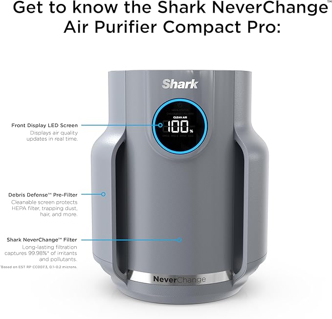 Shark NeverChange Air Purifier Compact Pro with Long-lasting HEPA Exceeding Filtration, For Pet Dander, Dust, Smoke, Allergens, Up to 250 sq. ft. for Bedroom, Home Office, Dorm, HP071BRN (2025)