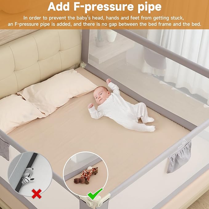 Quick Assembled Bed Rail for Baby, Foldable Toddlers Bed Rails, Height Adjustable Bed Rail Guard, Steady and Safty for Queen Size Bed (2 Sides 78.7"+1 Side 59'')